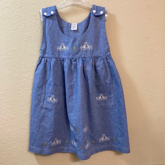 Vintage Italian Blue Cotton Jumper Dress Embroidered Folk Style Pockets Size 5 - Picture 1 of 5